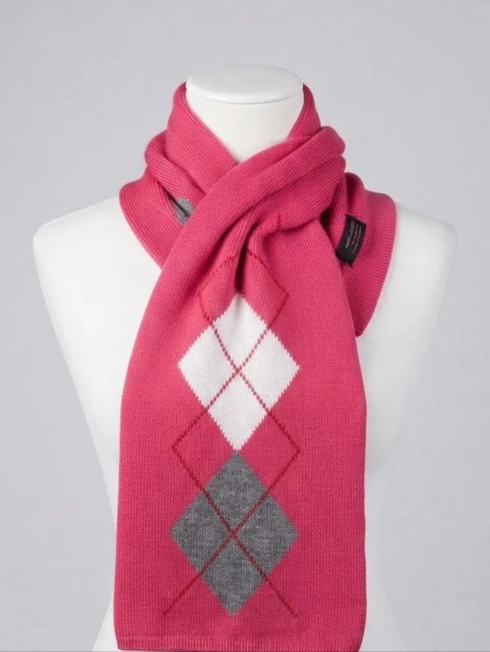 Vintage Preppy Argyle Scarf – Pink, Gray, White & Red – Soft Knit Long Loop